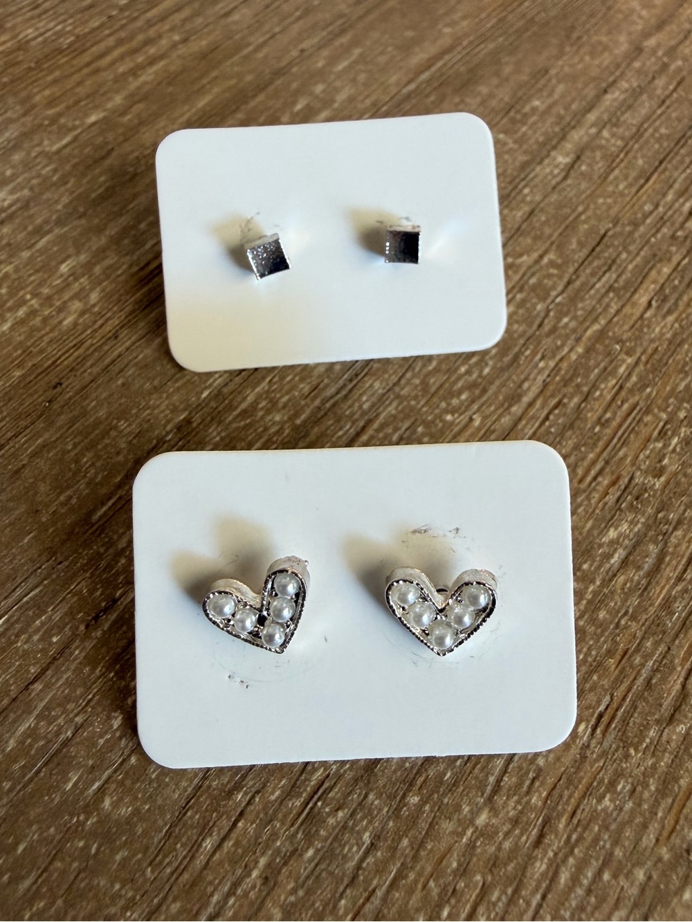 Silver Heart Pearl Cluster Stud Earrings and and Square Stud Earrings, NWT